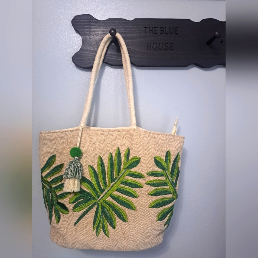 Leaf Embroidery Jute Cotton Shopper Bag